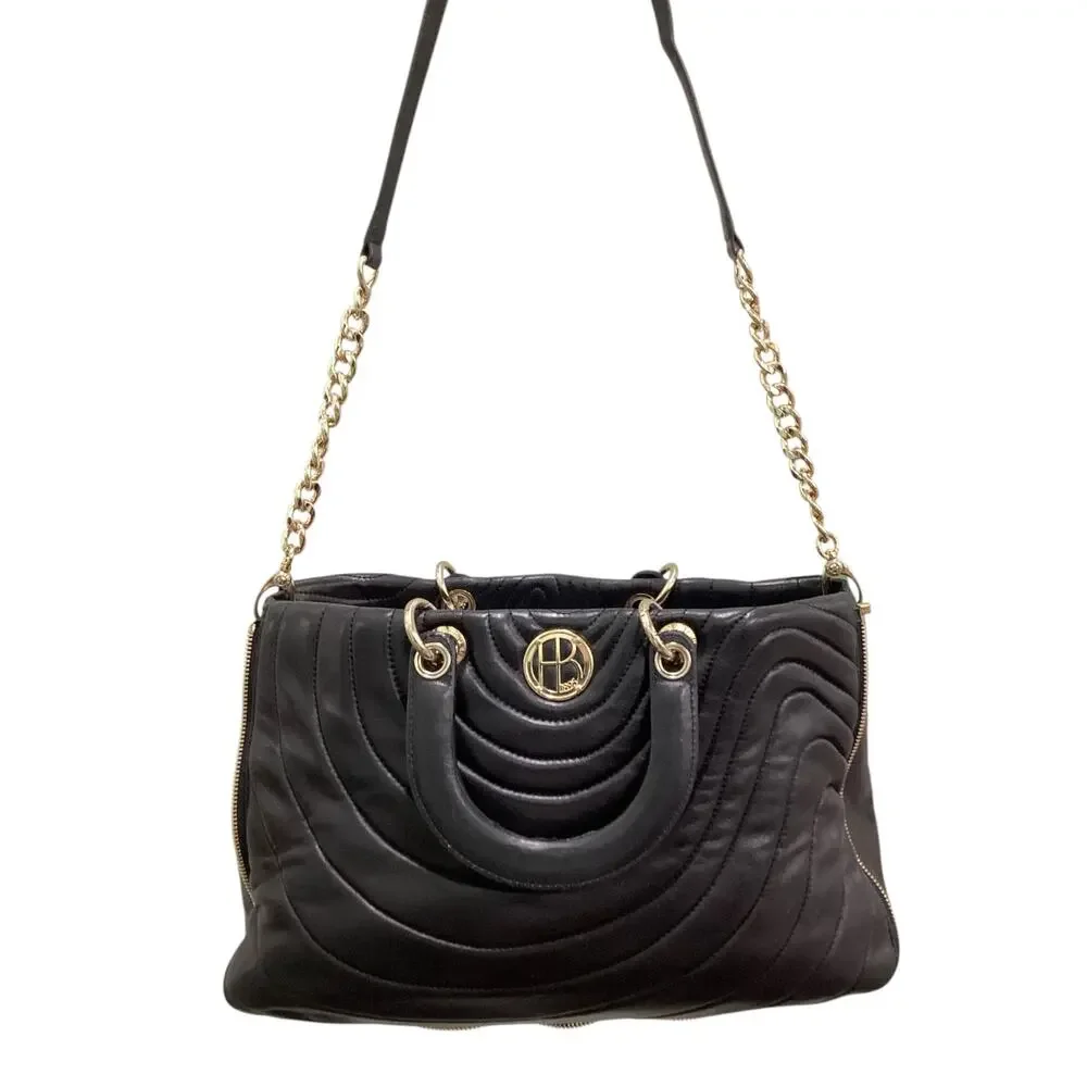 henri bendel Black Quilted Leather Shoulder Bag with Gold Hardware
